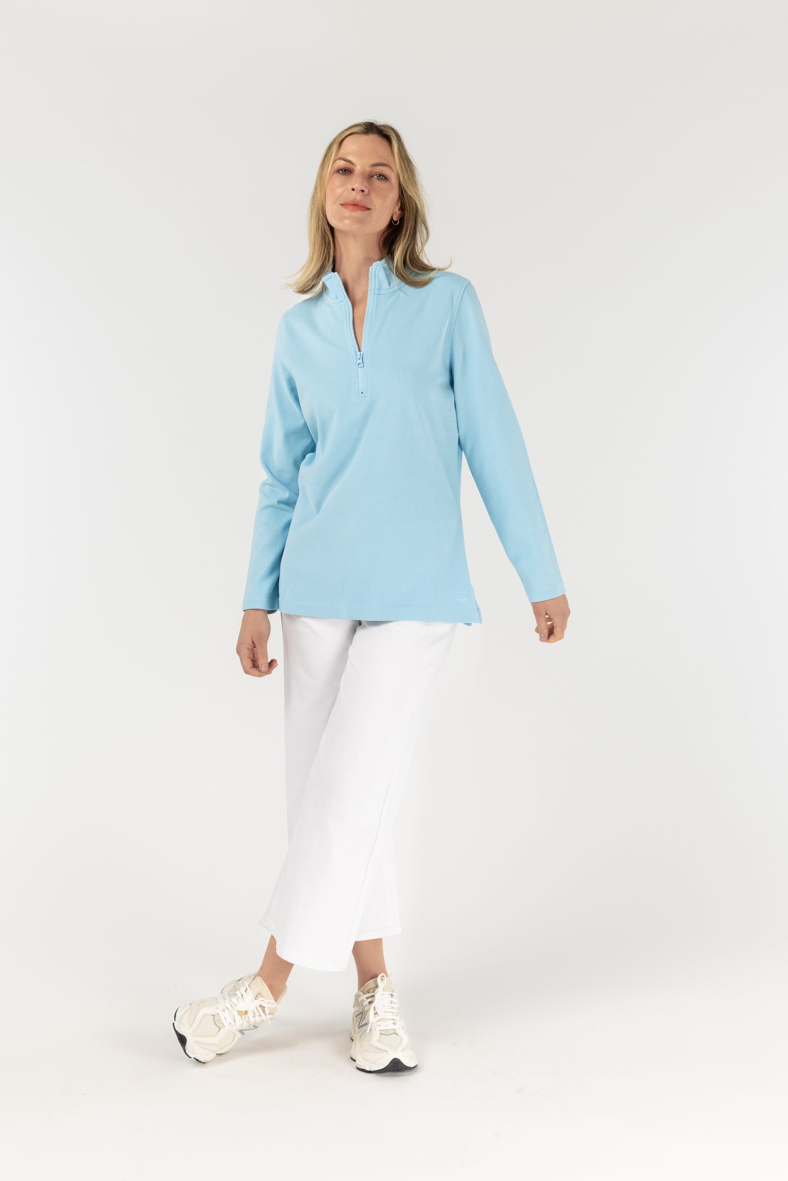 Zip Rugby - Pale Blue by Goondiwindi Cotton. Timeless women’s fashion using natural fibres and classic shapes