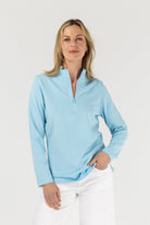 Zip Rugby - Pale Blue by Goondiwindi Cotton. Timeless women’s fashion using natural fibres and classic shapes