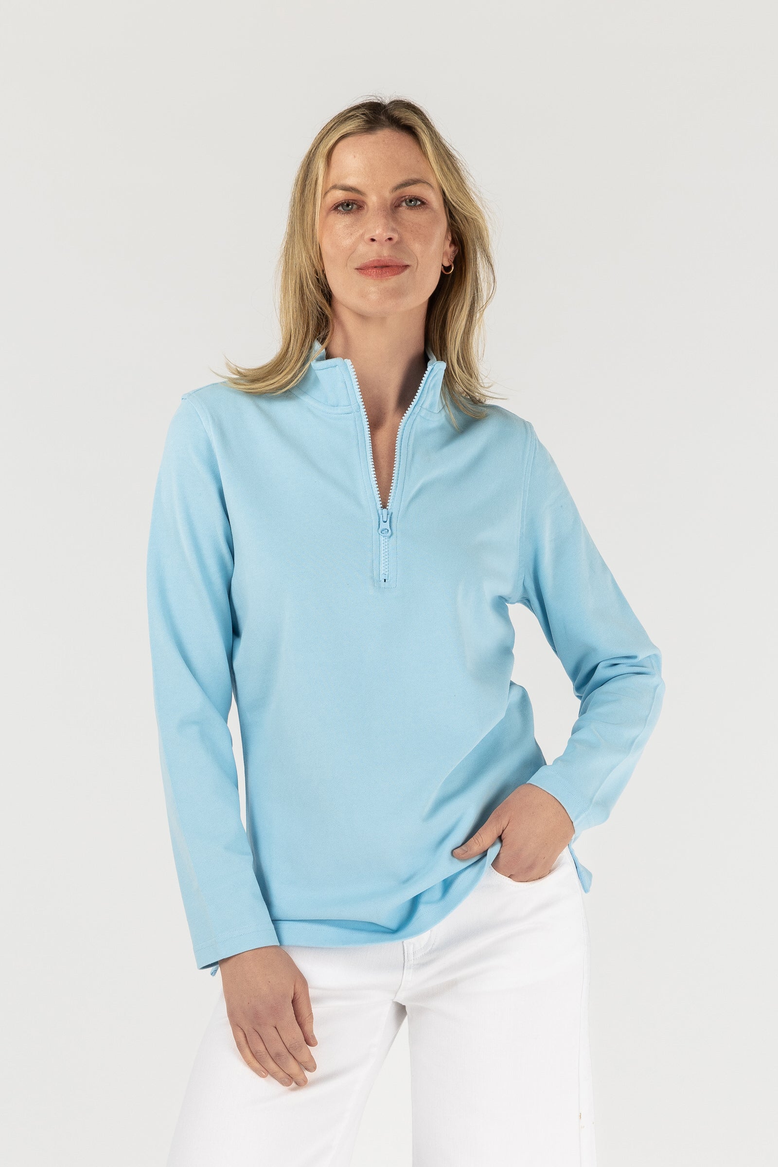 Zip Rugby - Pale Blue by Goondiwindi Cotton. Timeless women’s fashion using natural fibres and classic shapes