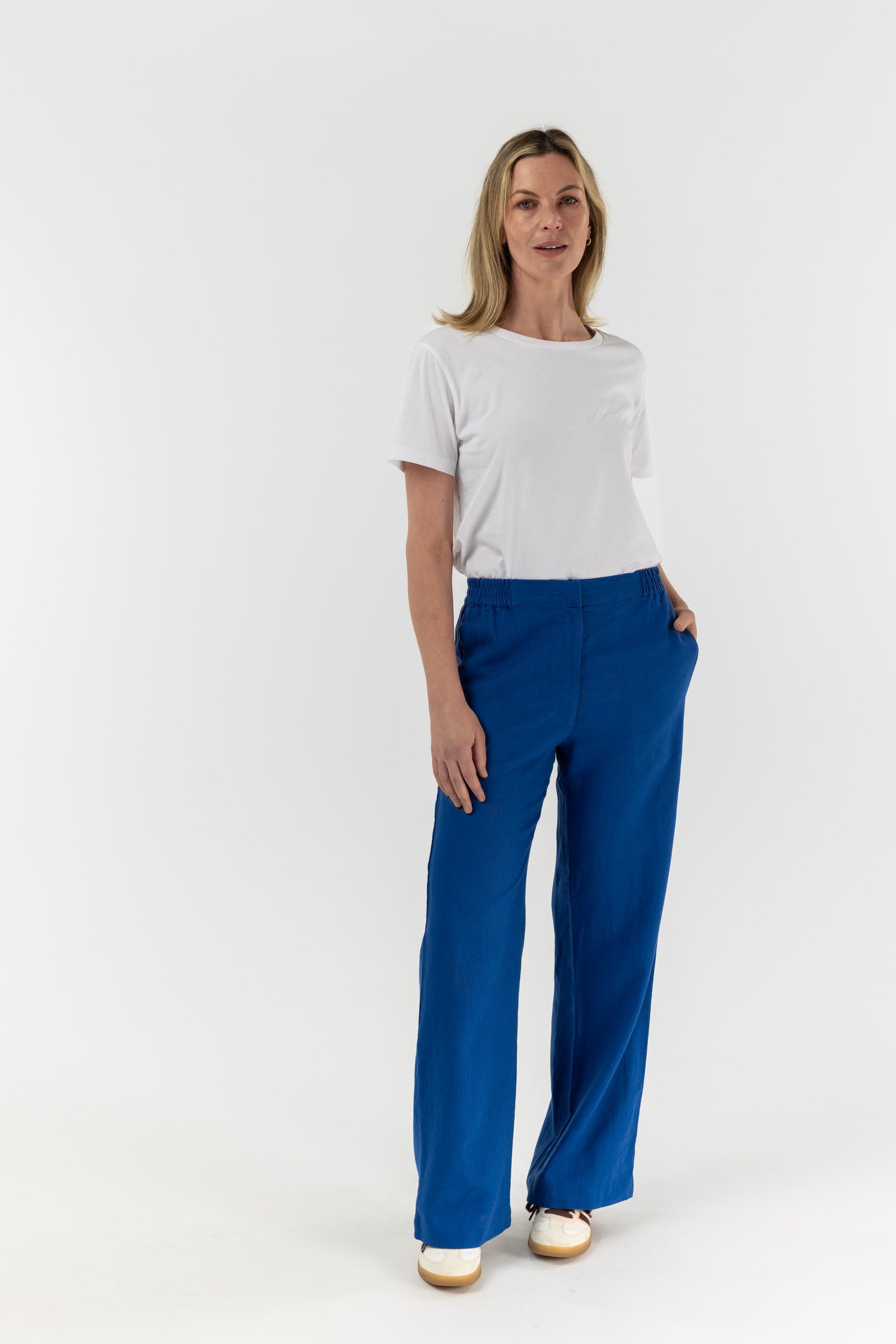 Straight Leg Flat Front Linen Pant - Opal Blue by Goondiwindi Cotton. Timeless women’s fashion using natural fibres and classic shapes