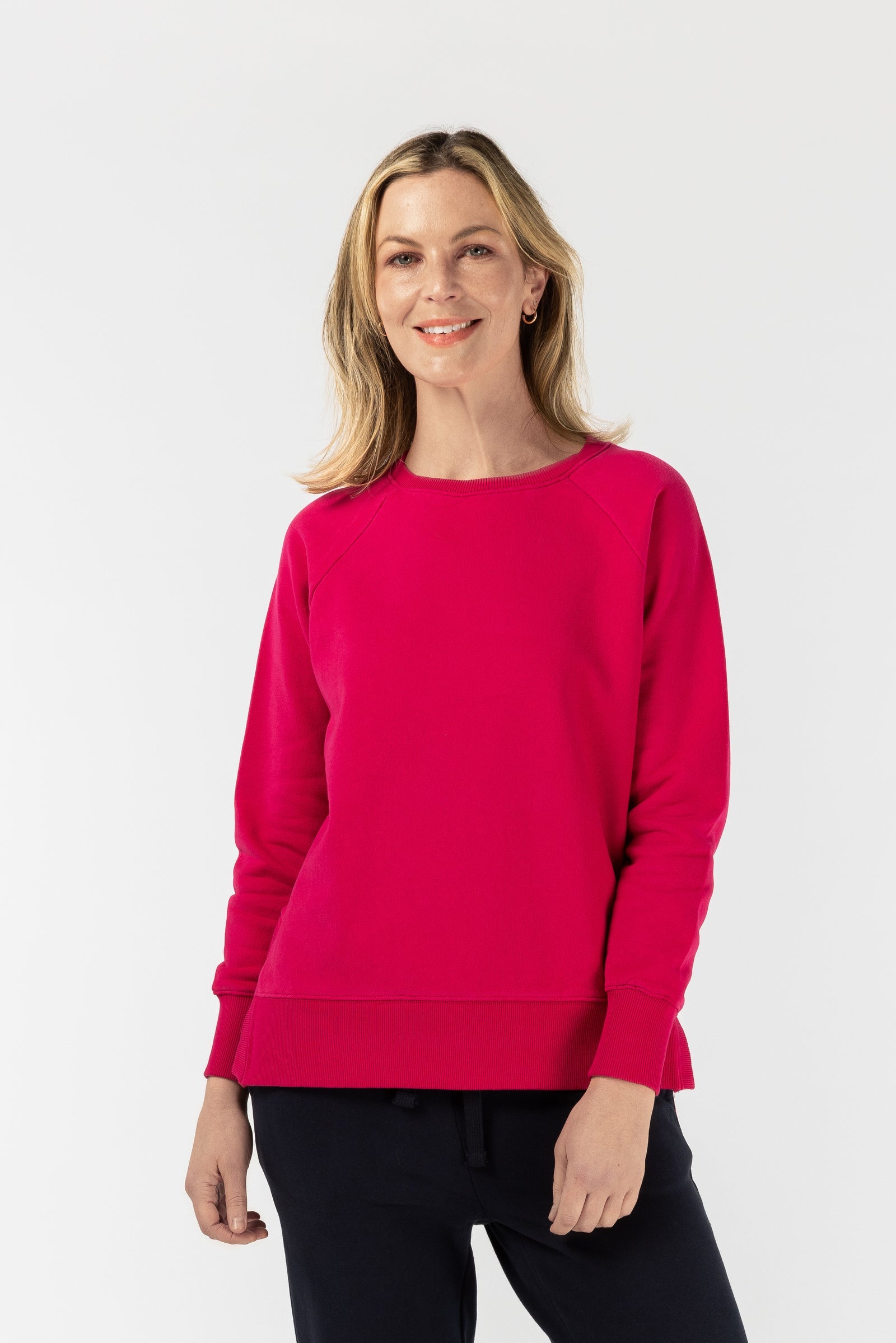 Raglan Fleecy Sweater - Bright Rose by Goondiwindi Cotton. Timeless women’s fashion using natural fibres and classic shapes