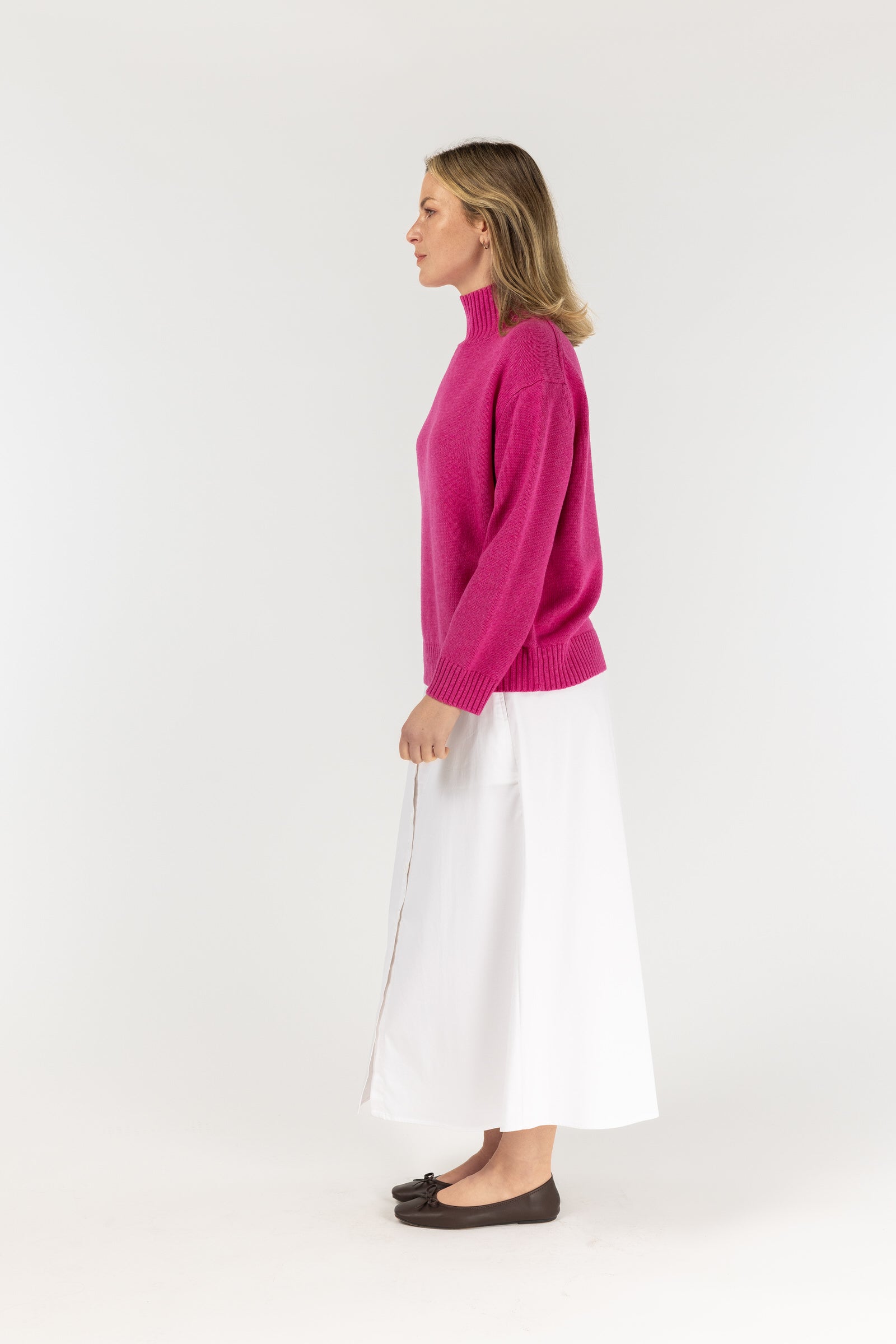 High Neck Jumper - Azalea Pink by Goondiwindi Cotton. Timeless women’s fashion using natural fibres and classic shapes