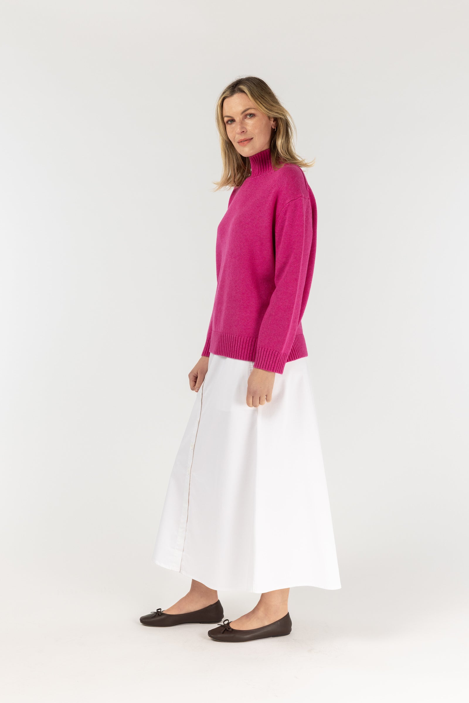 High Neck Jumper - Azalea Pink by Goondiwindi Cotton. Timeless women’s fashion using natural fibres and classic shapes