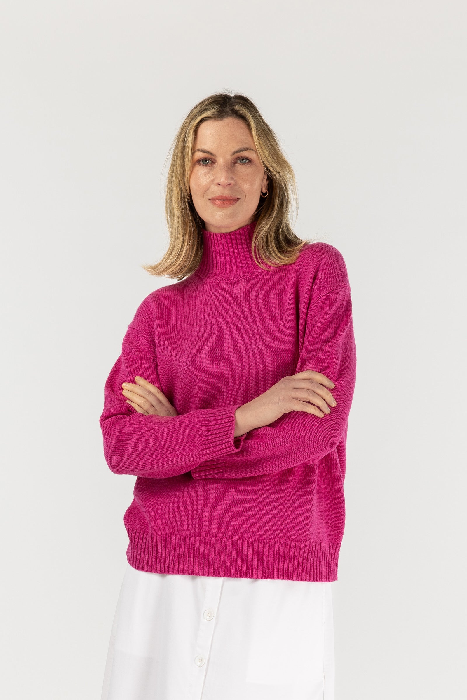 High Neck Jumper - Azalea Pink by Goondiwindi Cotton. Timeless women’s fashion using natural fibres and classic shapes