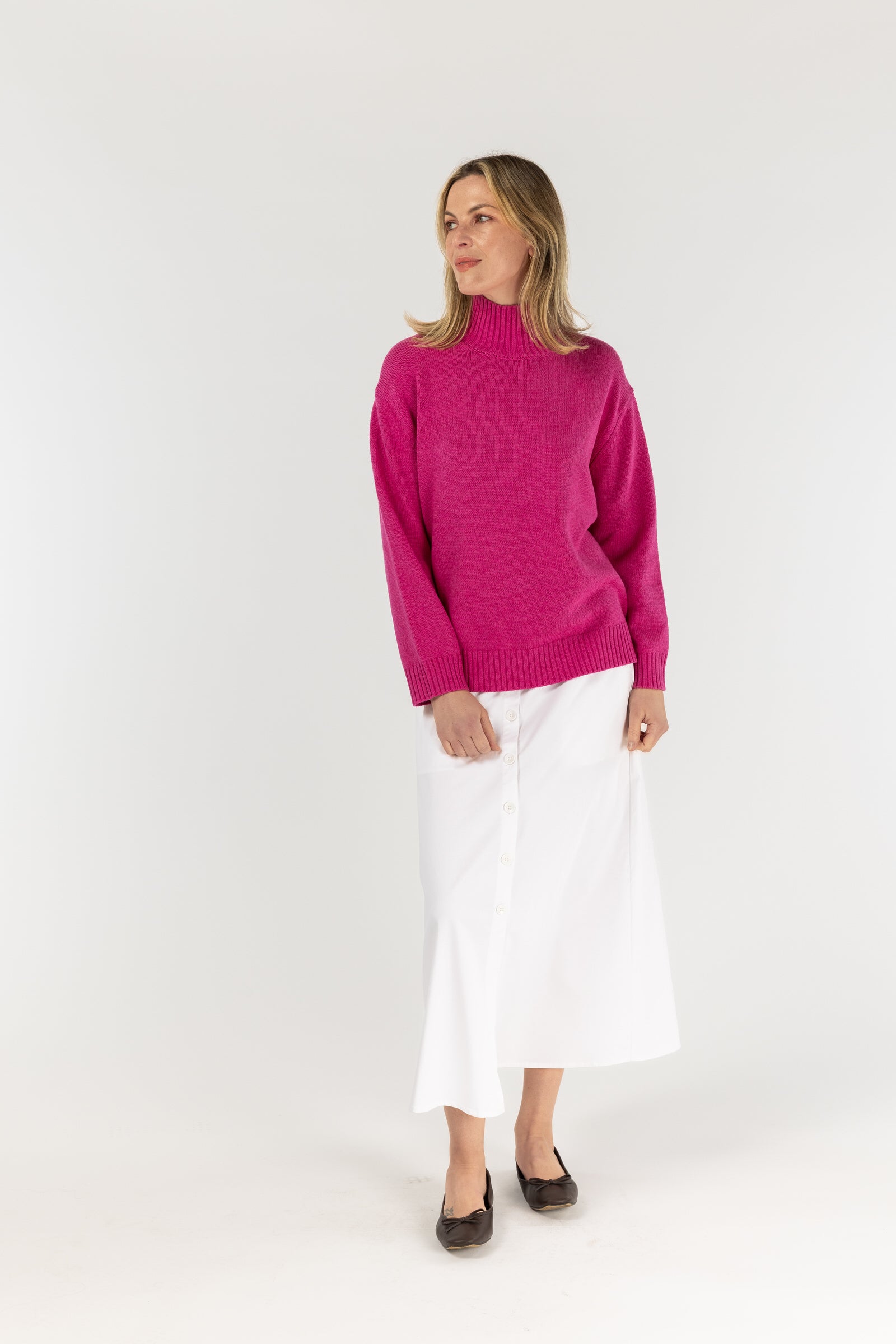 High Neck Jumper - Azalea Pink by Goondiwindi Cotton. Timeless women’s fashion using natural fibres and classic shapes