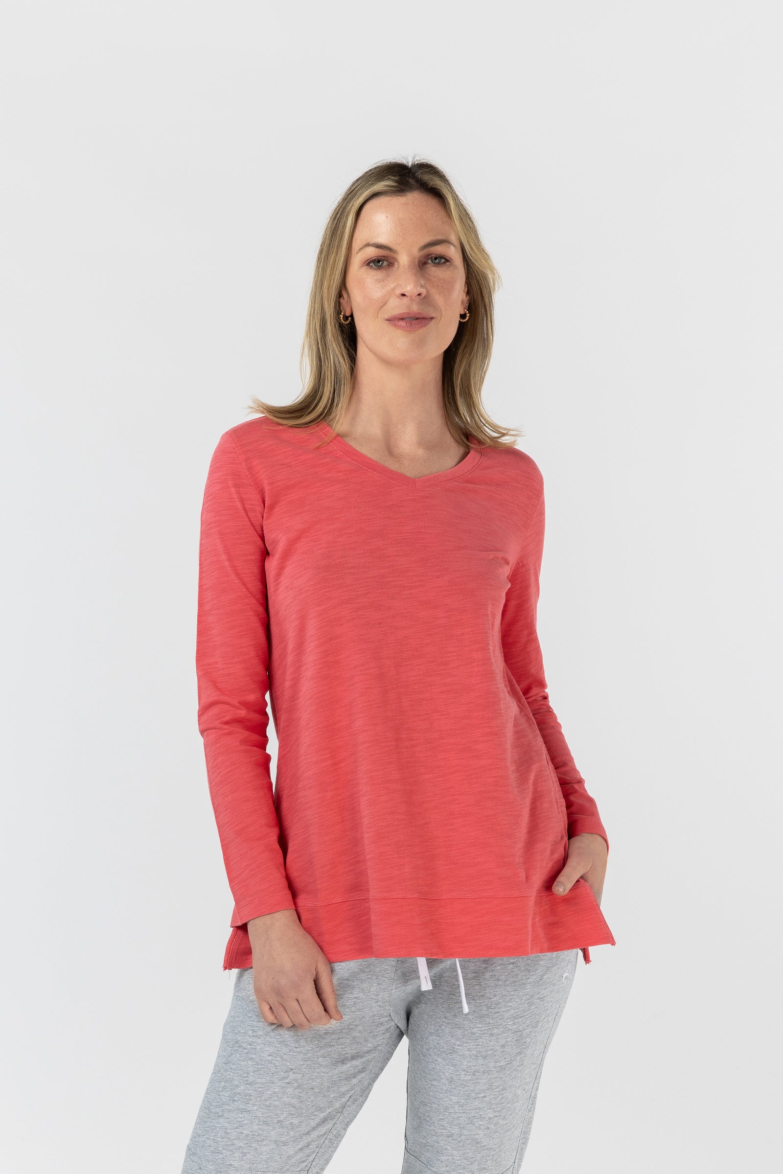 V Neck Side Split Tee - Coral by cloth+paper+scissors. Timeless women’s fashion using natural fibres and classic shapes