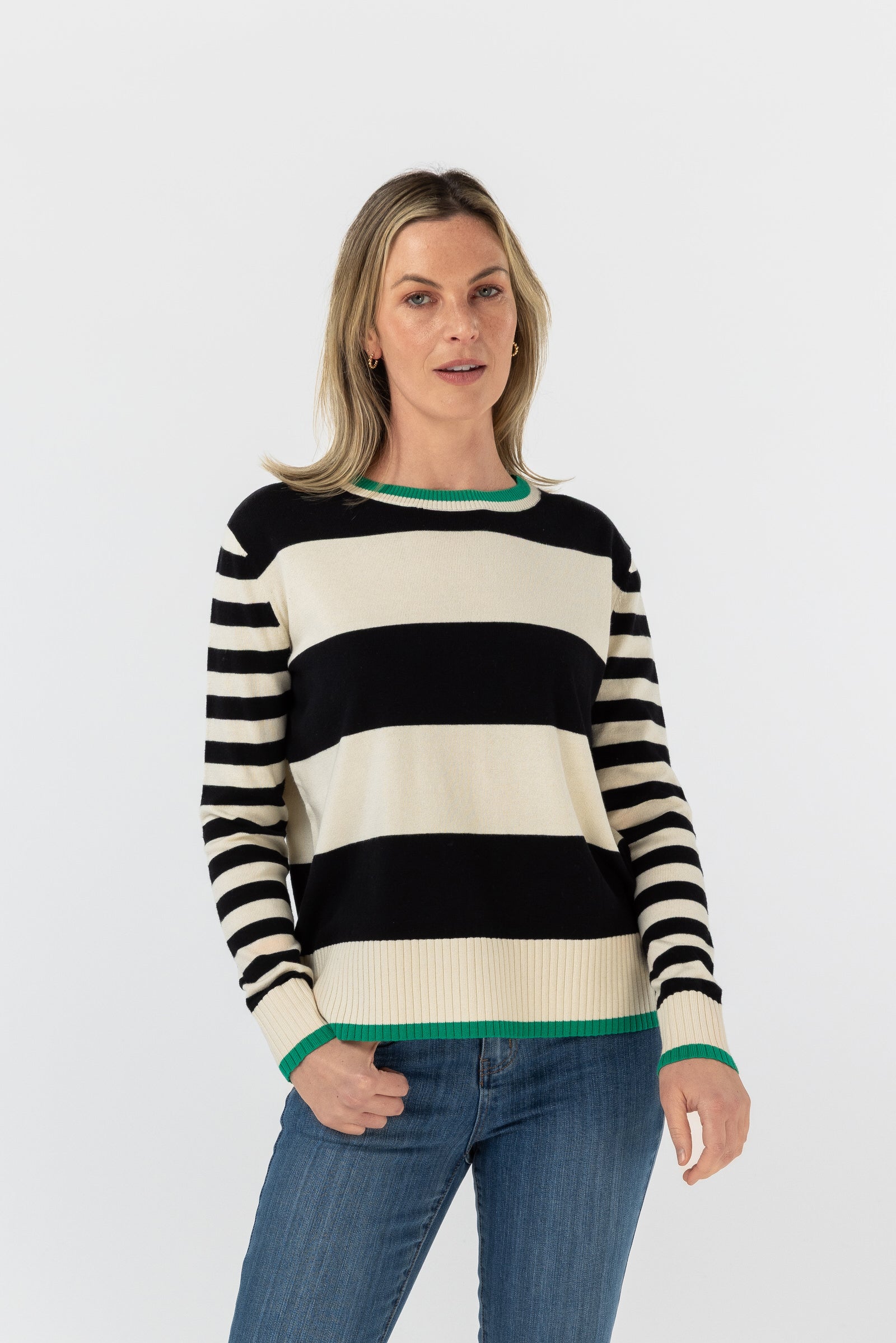 Preppy Crew Neck Knit Jumper - Black/Cream/Green by cloth+paper+scissors. Timeless women’s fashion using natural fibres and classic shapes