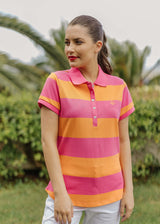 Cotton Striped Fitted Polo Bright Pink/Orange