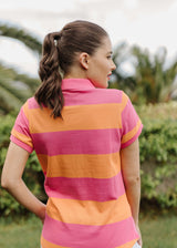 Cotton Striped Fitted Polo Bright Pink/Orange