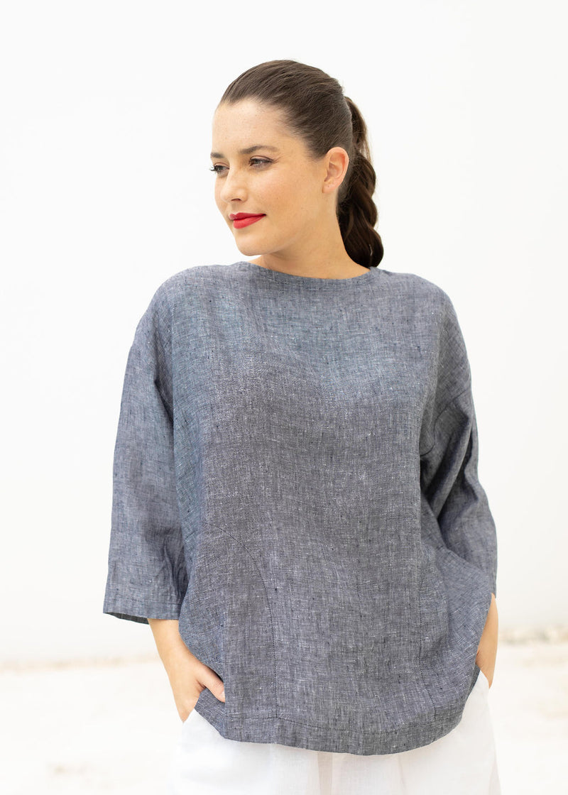 100% Yarn Dyed Linen 3/4 Sleeve Top With Pockets Navy