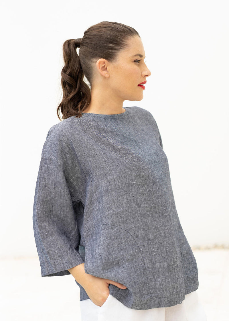 100% Yarn Dyed Linen 3/4 Sleeve Top With Pockets Navy