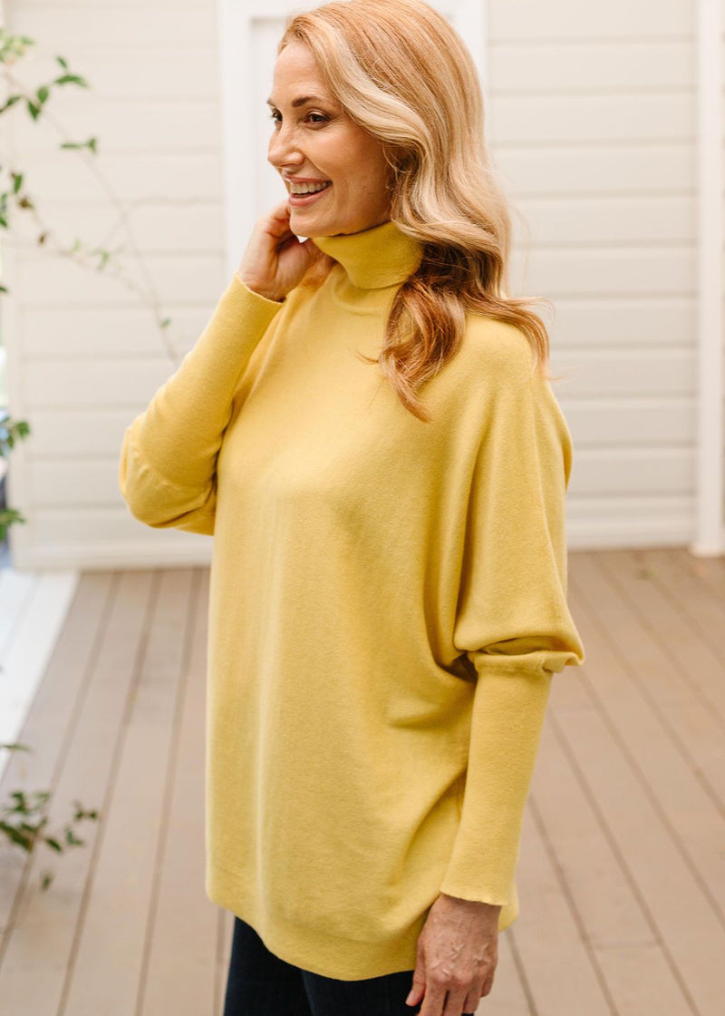 55% Merino 45% Cotton Relaxed Roll Neck Jumper Gold