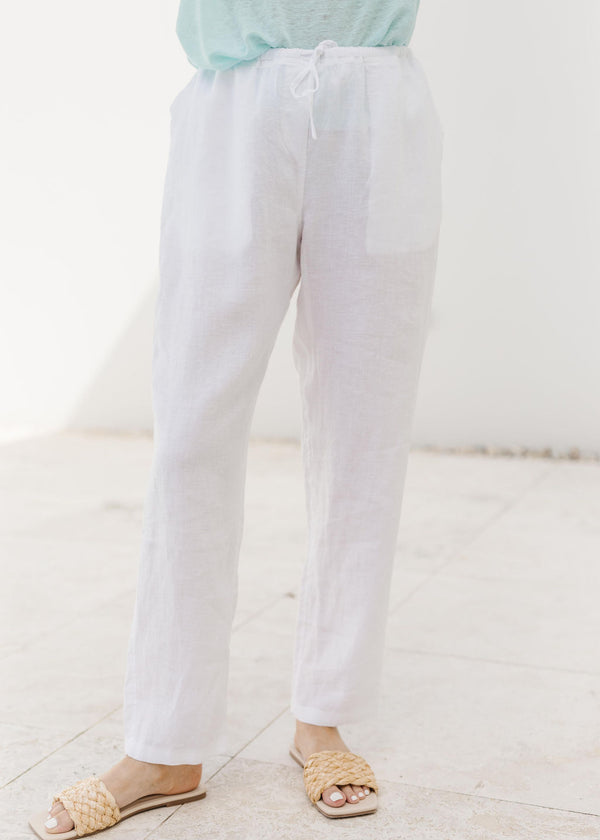 Linen Straight Leg Drawcord Pant White
